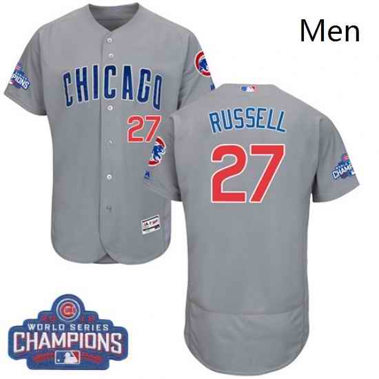 Mens Majestic Chicago Cubs 27 Addison Russell Grey 2016 World Series Champions Flexbase Authentic Collection MLB Jersey